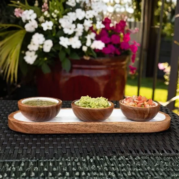 Acacia Wood & White Tray and Bowl Set
